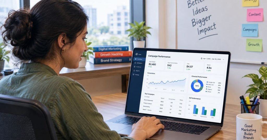 A marketer at a desk with a laptop showing a campaign dashboard, Indian office setting