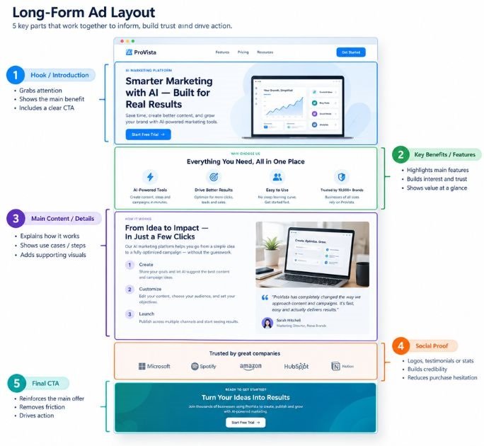 Annotated long-form ad layout with each of the five parts labelled