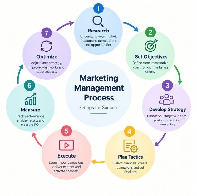 Circular flow diagram of the seven-step marketing management process