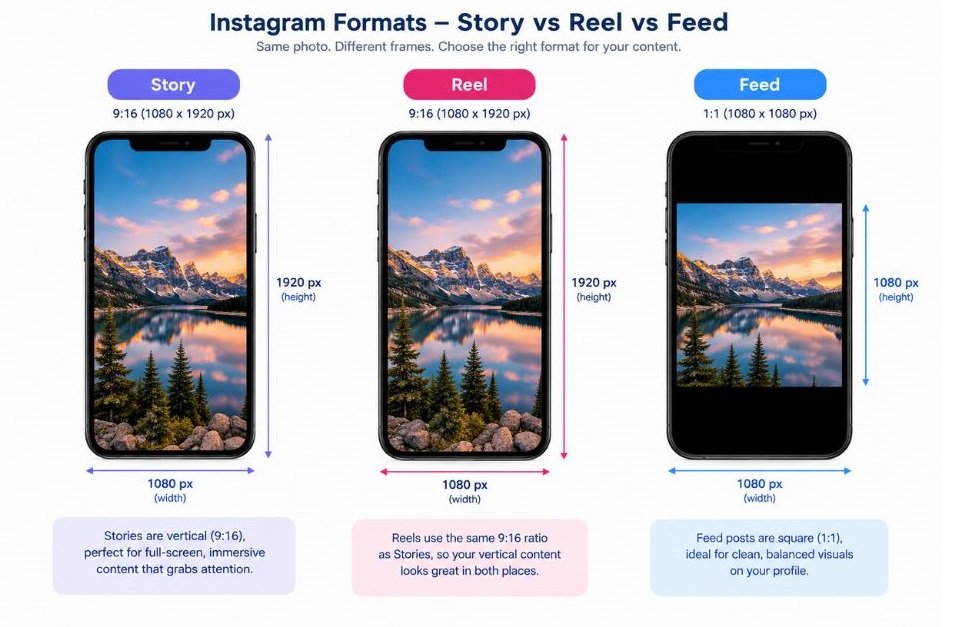 Comparison graphic showing Story, Reel, and Feed frames side by side