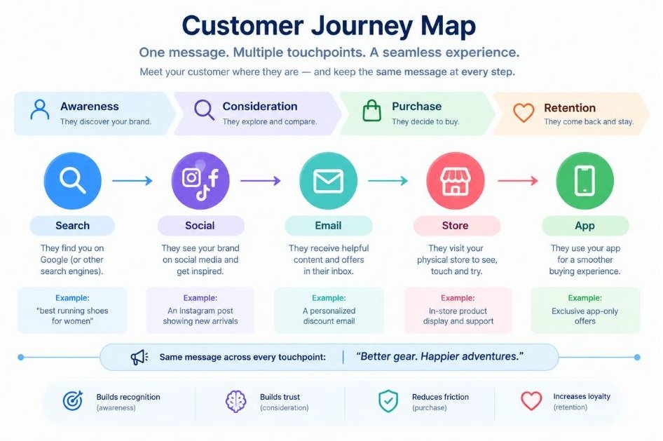 Customer journey map with touchpoints (search, social, email, store, app) and a single message running through them
