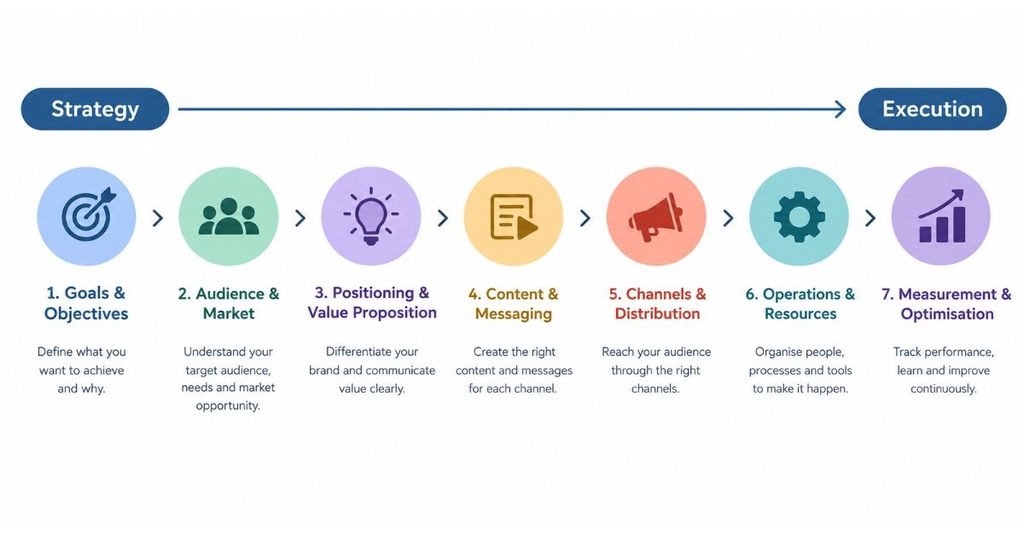 Diagram of the seven framework categories laid out left to right, labelled Strategy on the left and Execution on the right