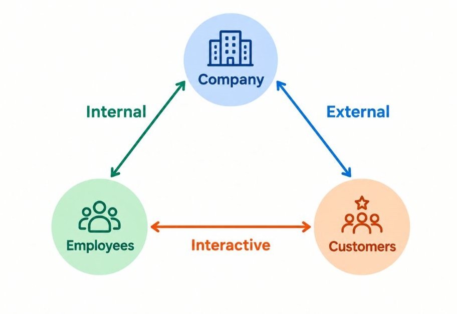 Diagram of the triangle with Company at the top, Employees at bottom left and Customers at bottom right. Label the three sides: External (Company to Customers), Internal (Company to Employees), Interactive (Employees to Customers)