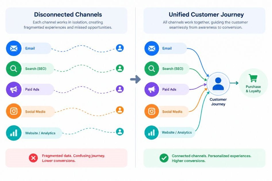 Diagram showing five disconnected channels on the left and the same five channels converging on one customer journey on the right