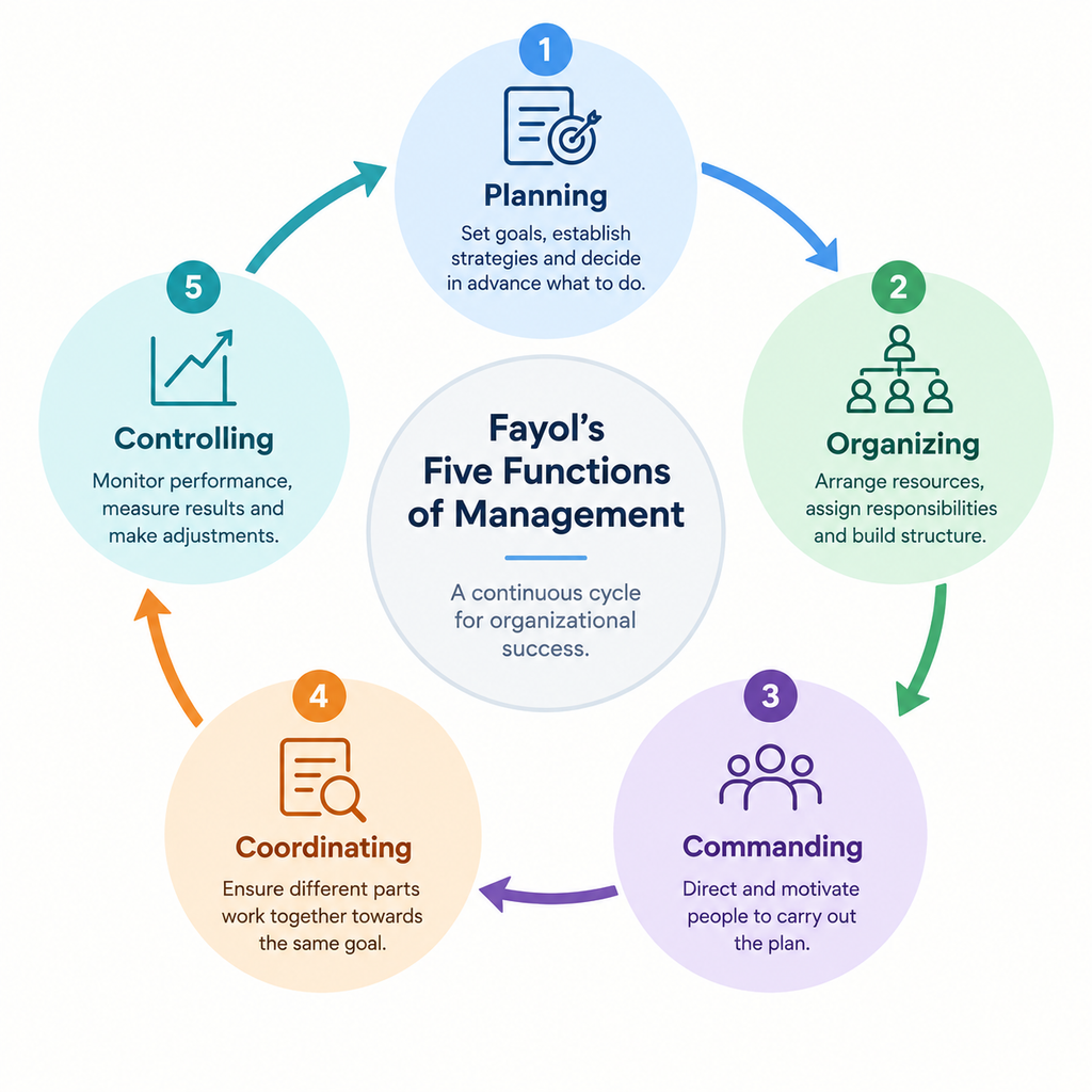  Diagram of Fayol's five functions of management as a continuous cycle