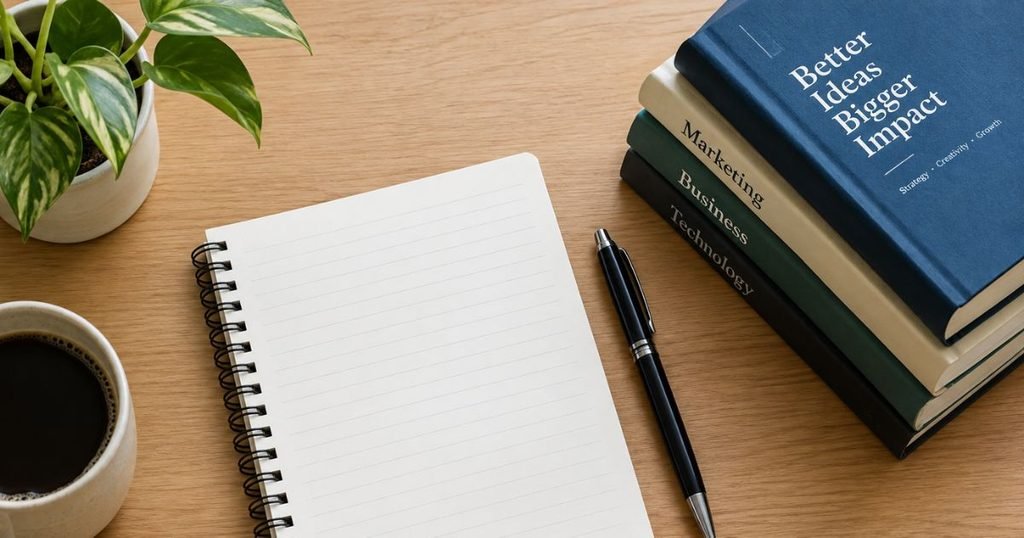 Flat-lay of a notebook, pen and a stack of books on a desk, used as the hero visual