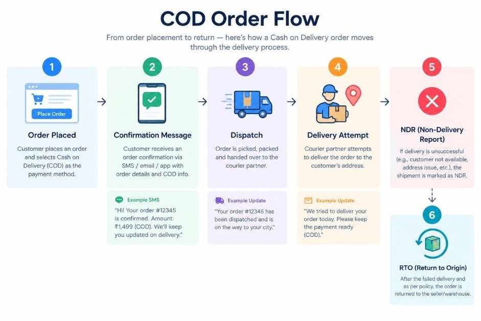 Flow diagram of a COD order: order placed, confirmation message, dispatch, delivery attempt, NDR, RTO