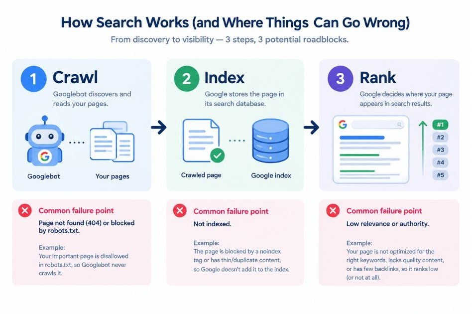 Flow diagram showing Crawl → Index → Rank with one example failure point at each stage