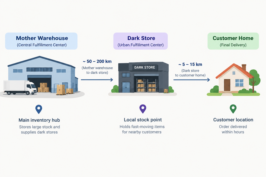 Simple diagram showing mother warehouse, dark store and customer home with approximate distances