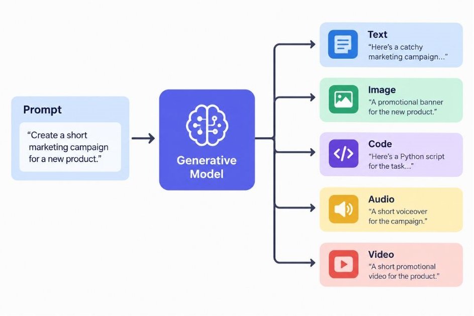 Simple diagram showing a prompt going into a generative model and coming out as text, image, code, audio and video