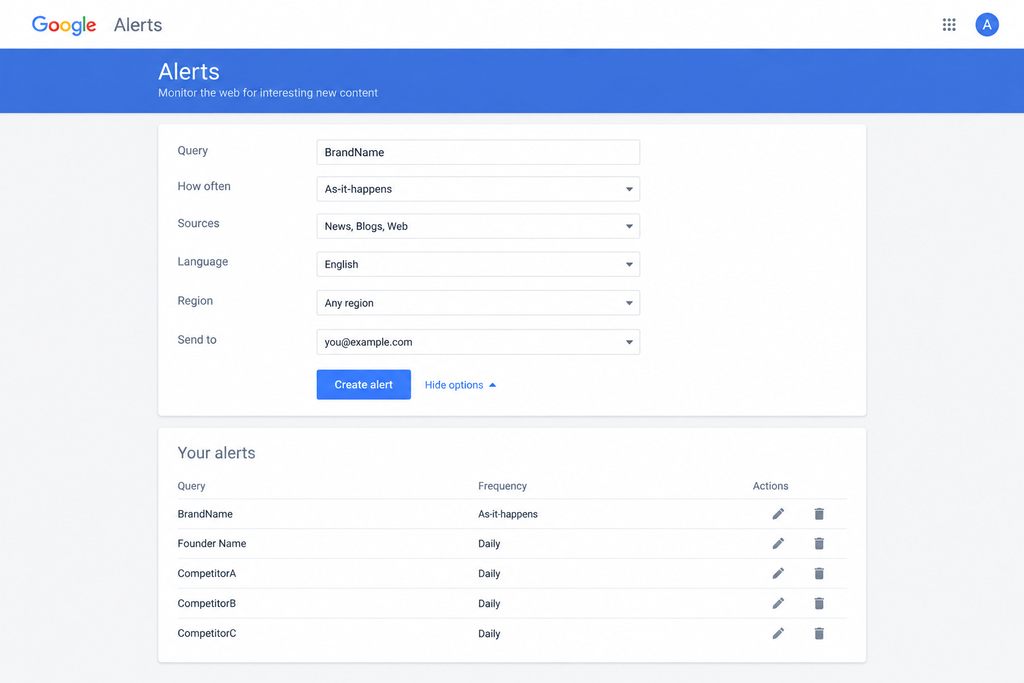 Screenshot of a Google Alerts setup screen with brand name, founder name, and competitor queries