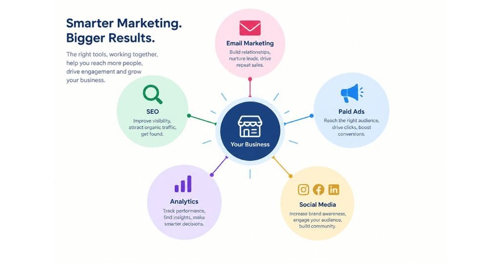 Hero graphic showing a hub-and-spoke diagram of marketing tools (email, SEO, ads, analytics, social) connected around a central business icon