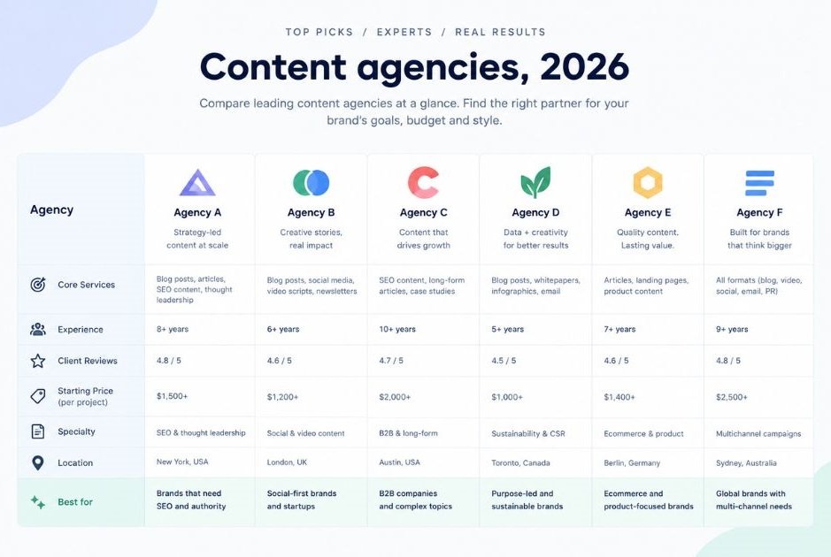 Hero graphic showing a shortlist of agency logos placeholders on a comparison grid, titled "Content agencies, 2026"