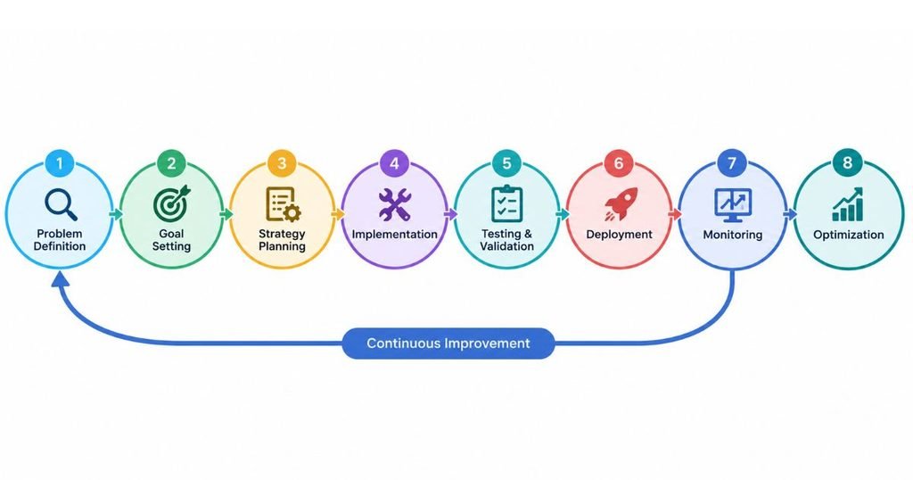 Horizontal diagram of the eight lifecycle stages as a loop, with arrows from monitoring back to problem definition