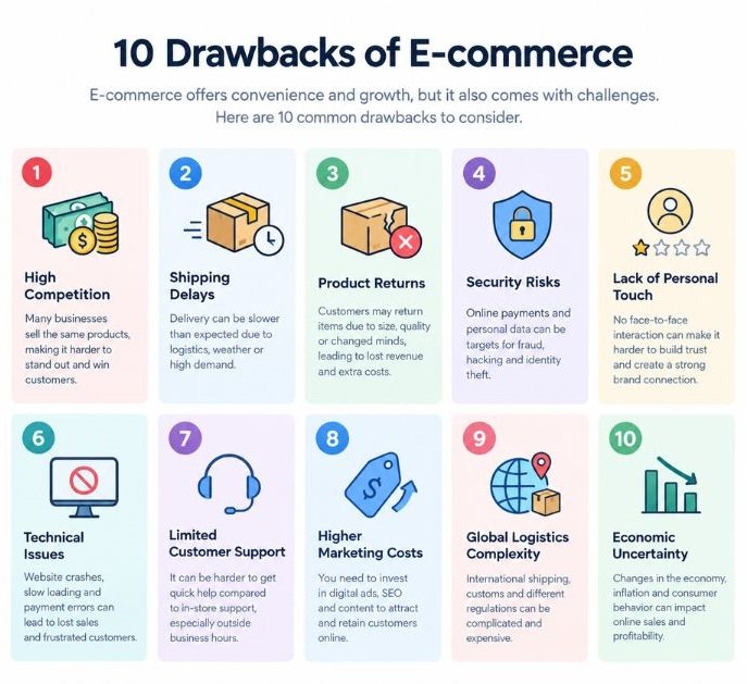 Infographic showing the 10 drawbacks of e-commerce as a numbered grid