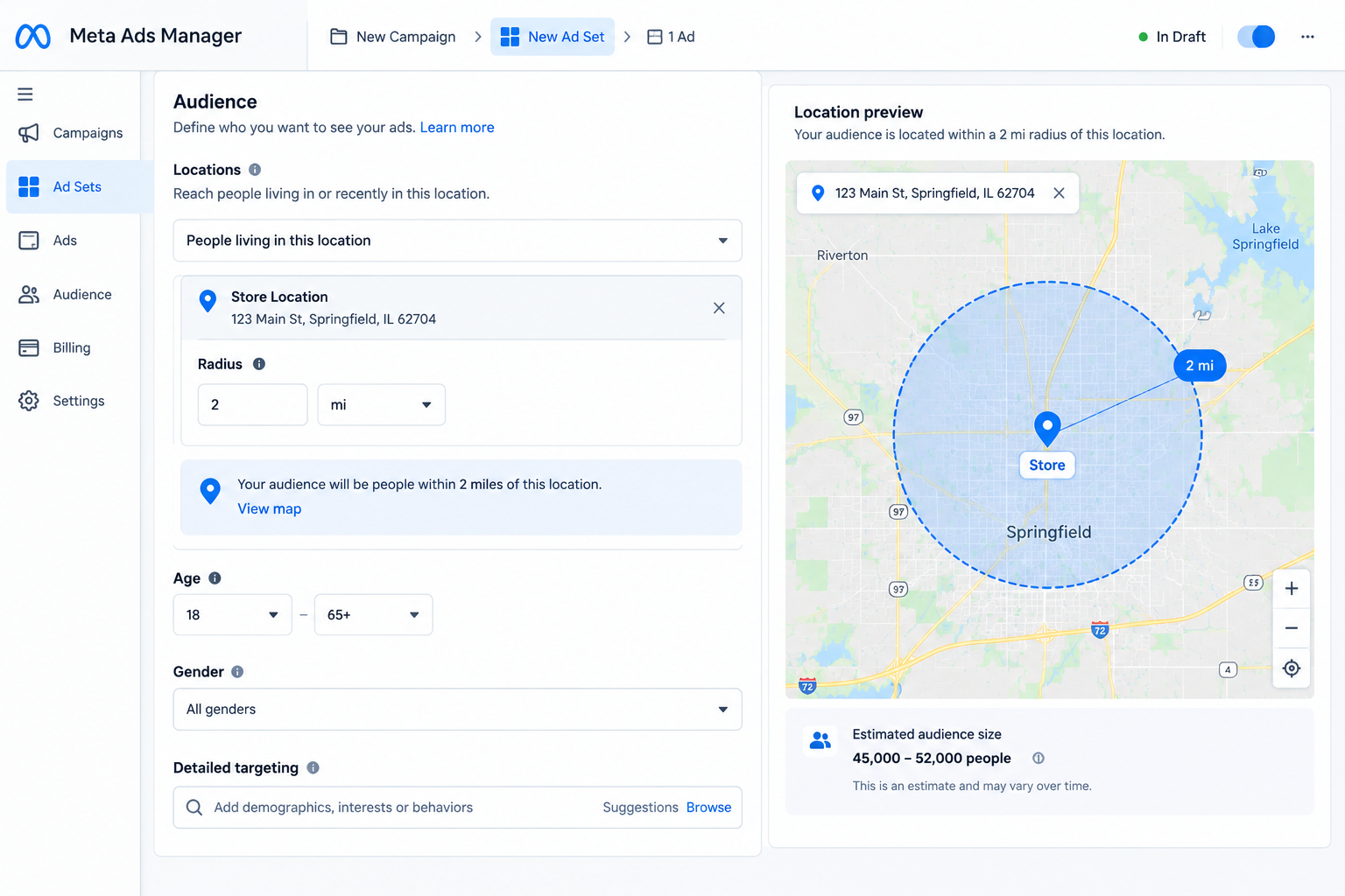 Screenshot of Meta Ads Manager drop-pin radius setting with a 2-mile radius around a store