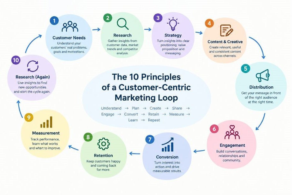 Overview graphic showing the ten principles as a connected loop, from customer needs through to measurement and back to research