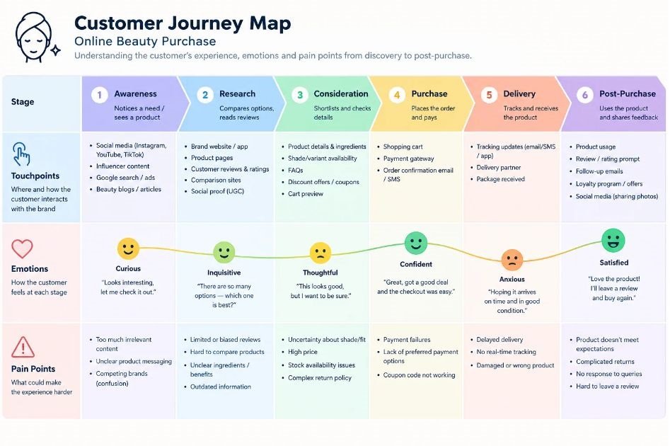 Sample customer journey map with stages, touchpoints, emotions, and pain points for an online beauty purchase