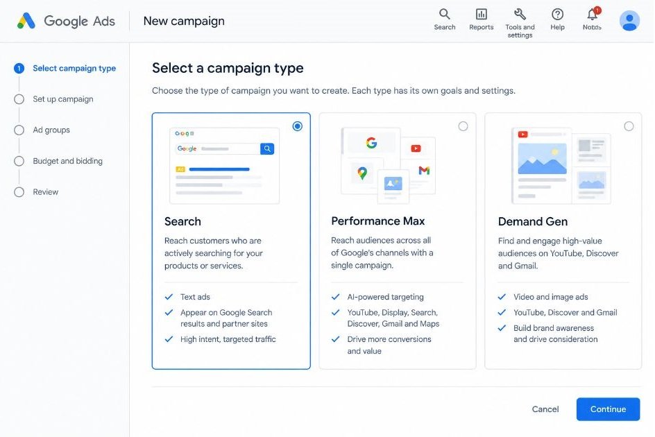 Screenshot of Google Ads campaign type selection screen showing Search, Performance Max and Demand Gen
