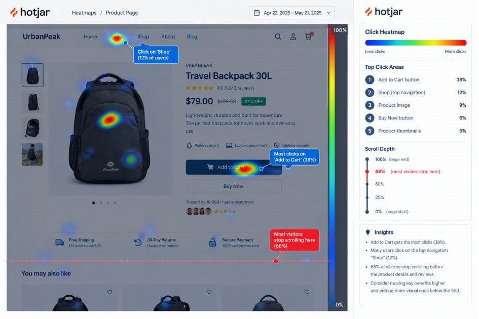 Screenshot of a Hotjar heatmap on a product page showing where visitors click and stop scrolling