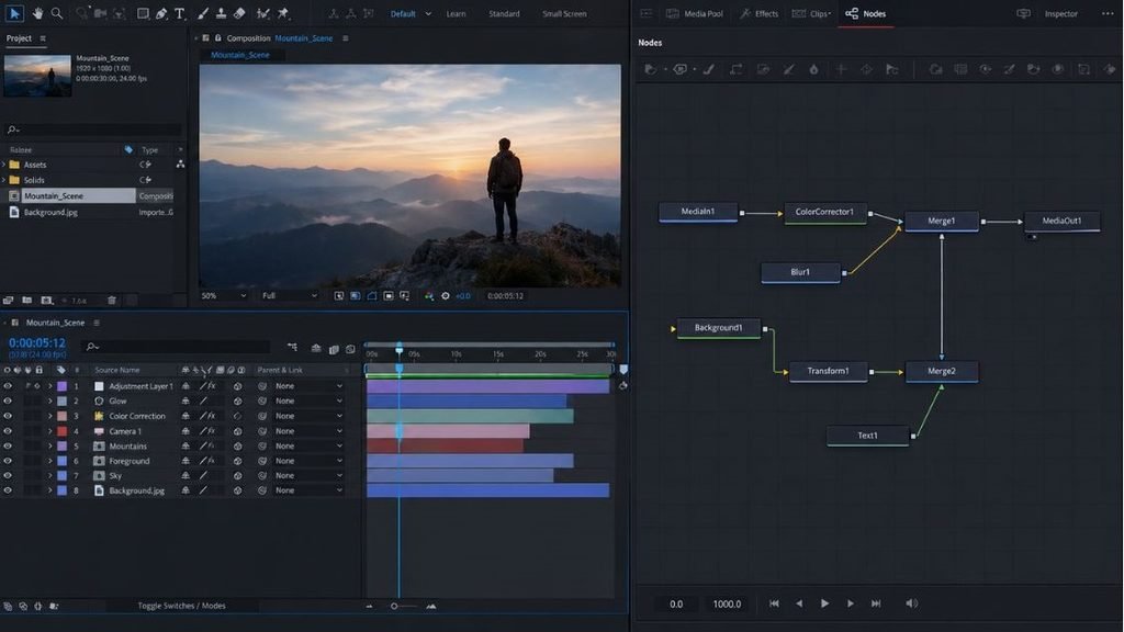 IScreenshot of an After Effects timeline next to a Fusion node graph