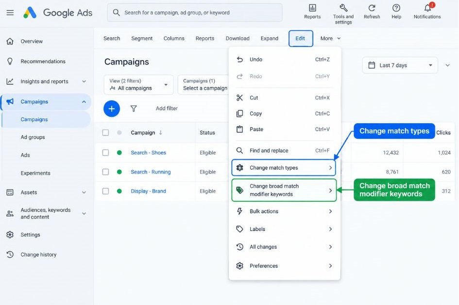 Screenshot of the Edit menu showing Change match types and Change broad match modifier keywords