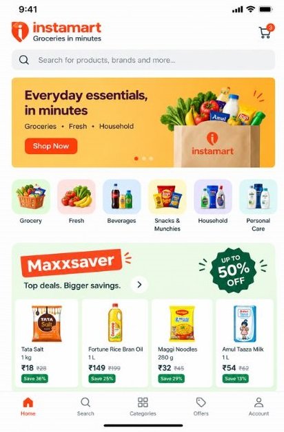 Screenshot of the Instamart app homepage showing Maxxsaver and category tiles