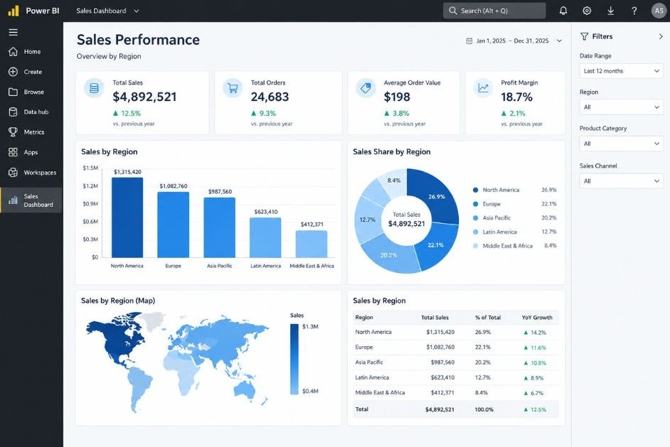 Screenshot-style mock of a Power BI dashboard showing sales by region