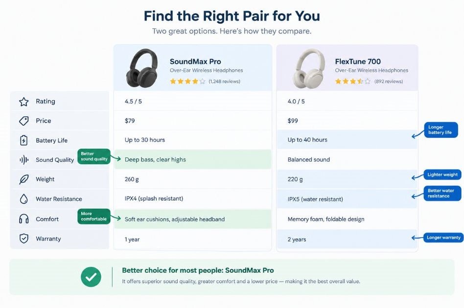 Side-by-side comparison page layout showing two products with highlighted deciding attributes