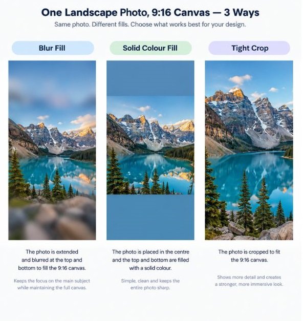 Side-by-side of a landscape photo placed on a 9:16 canvas with blur fill, solid colour fill, and tight crop