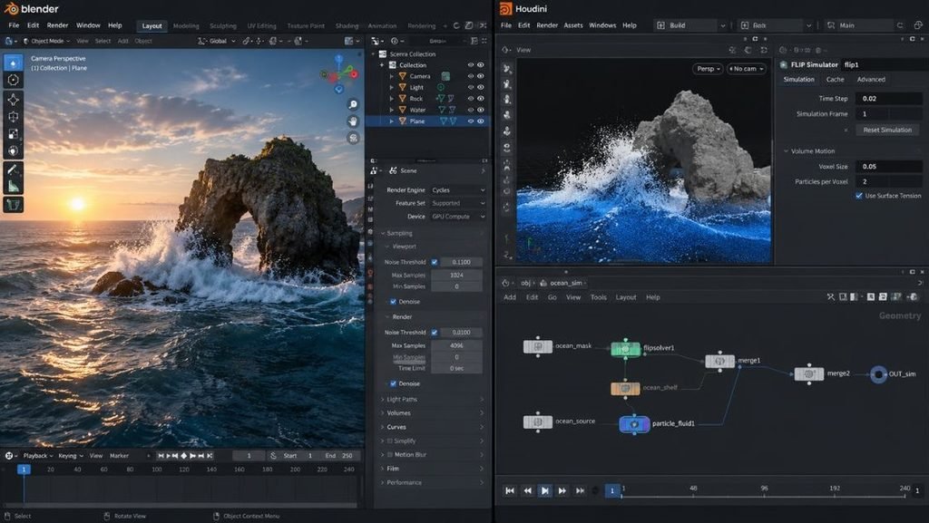 Side-by-side render of a Blender scene and a Houdini simulation