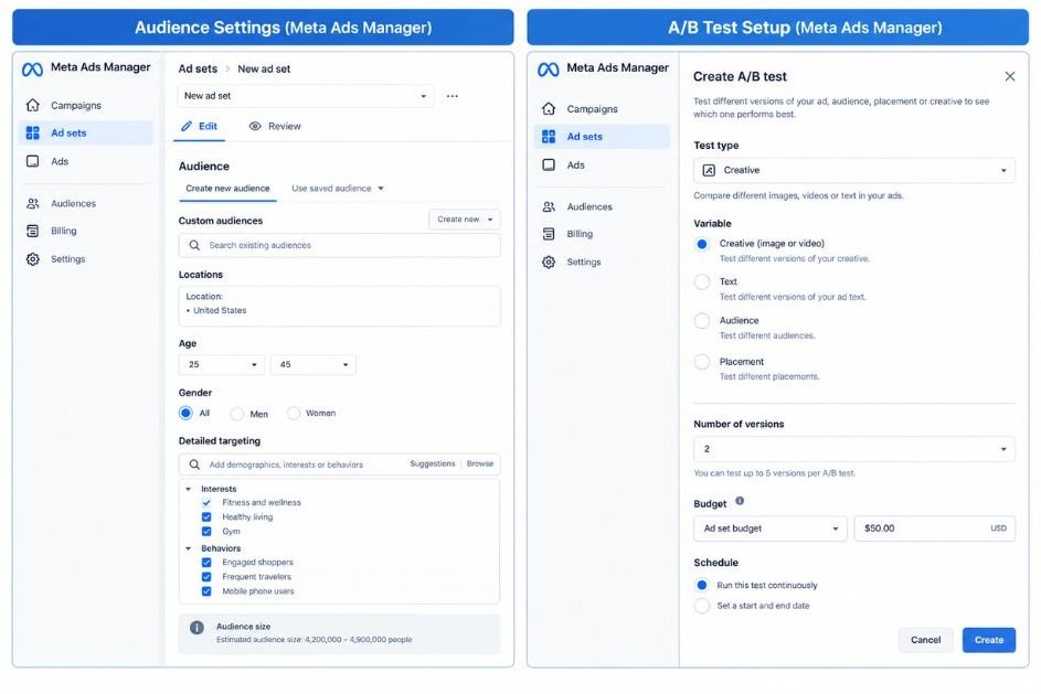 Side-by-side screenshot of Meta Ads Manager audience settings and the A/B test setup screen