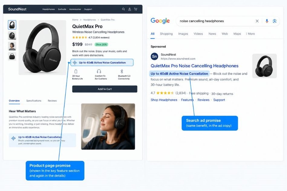 Side-by-side screenshot of a product page and a search ad with the single promise highlighted in each