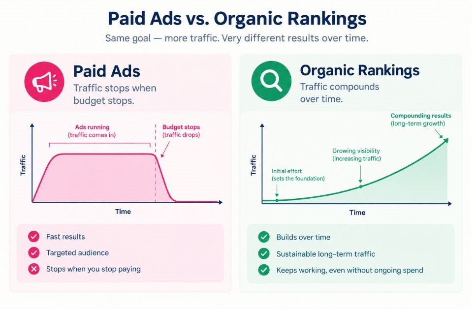 Simple diagram comparing paid ads (traffic stops when budget stops) with organic rankings (traffic compounds over time)