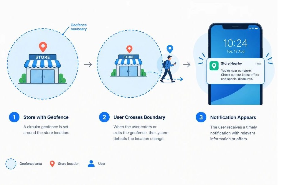 Simple diagram of a store with a circular geofence, a phone crossing the boundary and a notification appearing