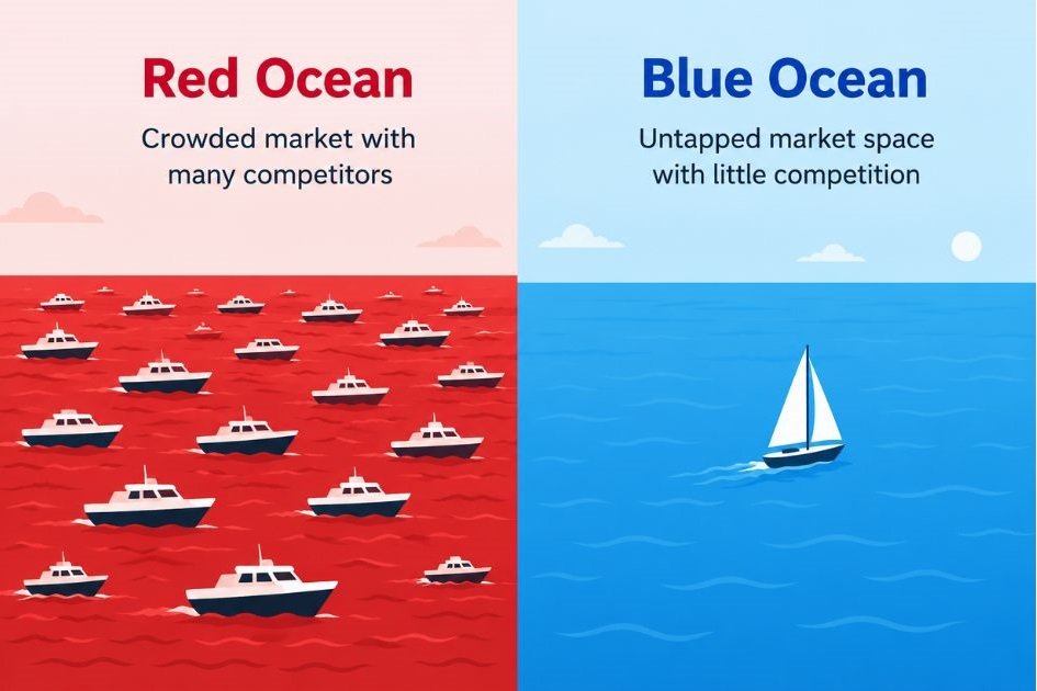 Simple diagram showing a red ocean (crowded market with many competitors) next to a blue ocean (empty market space)