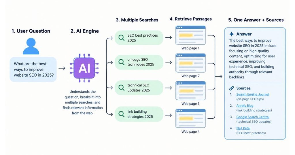 Simple diagram showing a user question flowing into an AI engine, which splits it into several searches, retrieves passages from web pages, and returns one answer with cited sources