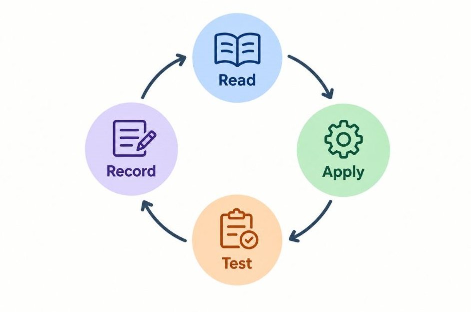 Simple diagram showing the loop of read, apply, test and record