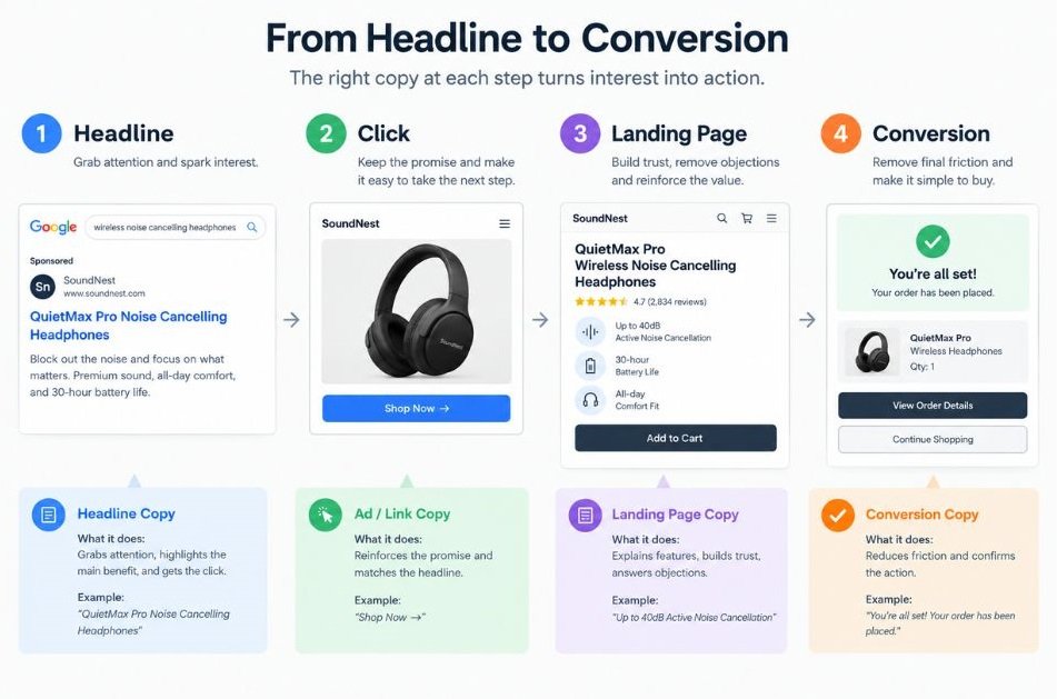 Simple diagram showing the path from headline to click to landing page to conversion, with the copy element responsible at each step