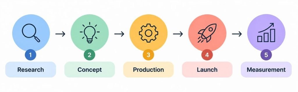 Simple flow diagram showing the five stages from idea to result: research, concept, production, launch, measurement]