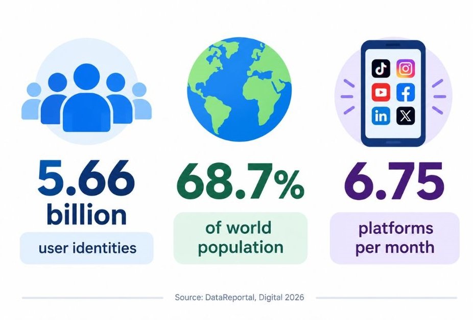 Simple infographic showing 5.66 billion user identities, 68.7% of world population, 6.75 platforms per month, with "Source: DataReportal, Digital 2026"