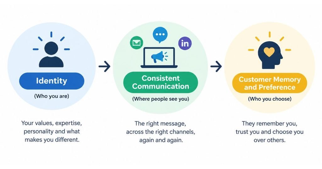 Simple three-step diagram showing identity (who you are) feeding into consistent communication (where people see you) feeding into customer memory and preference
