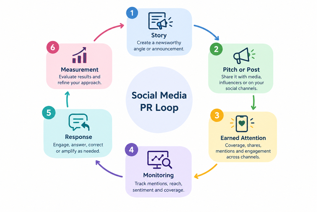 Simple diagram showing the social media PR loop: story, pitch or post, earned attention, monitoring, response, measurement