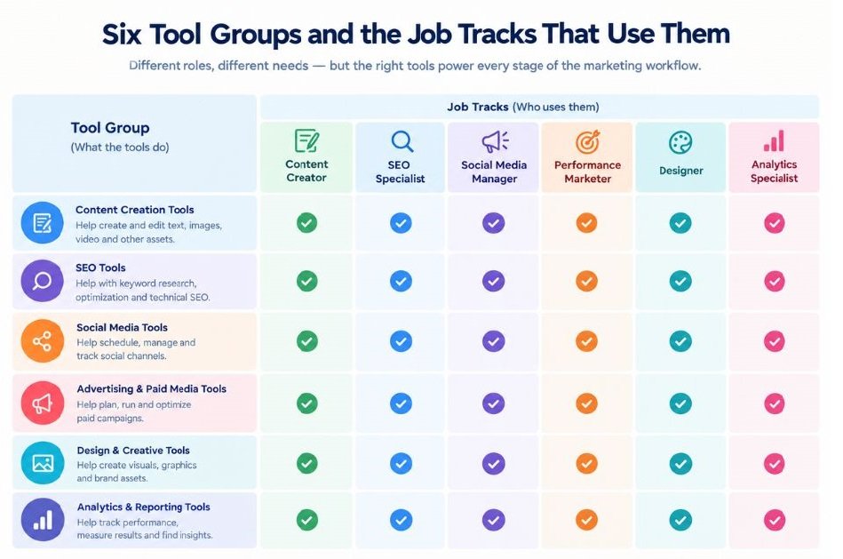 Table or diagram mapping each of the six tool groups to the job tracks that use them