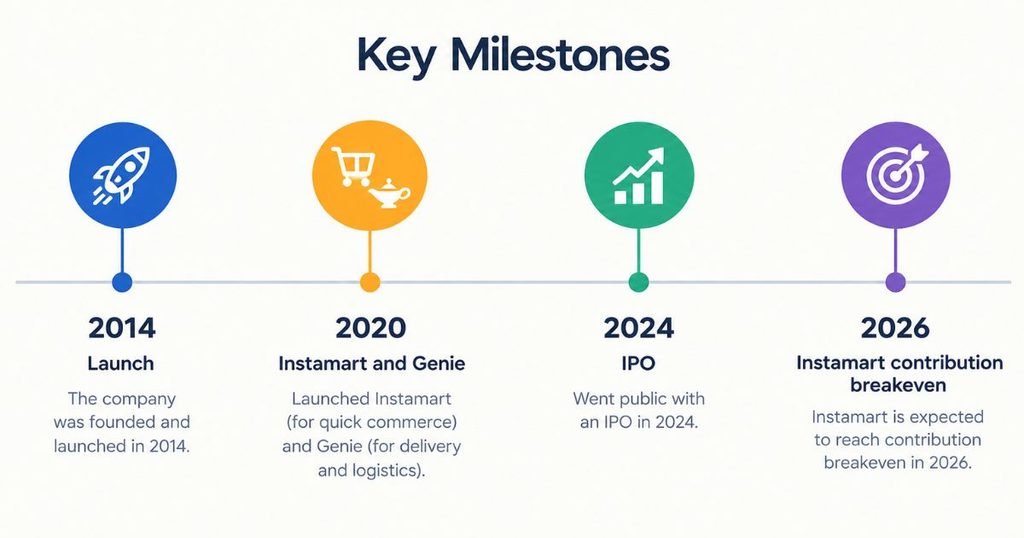 Timeline graphic showing 2014 launch, 2020 Instamart and Genie, 2024 IPO, 2026 Instamart contribution breakeven