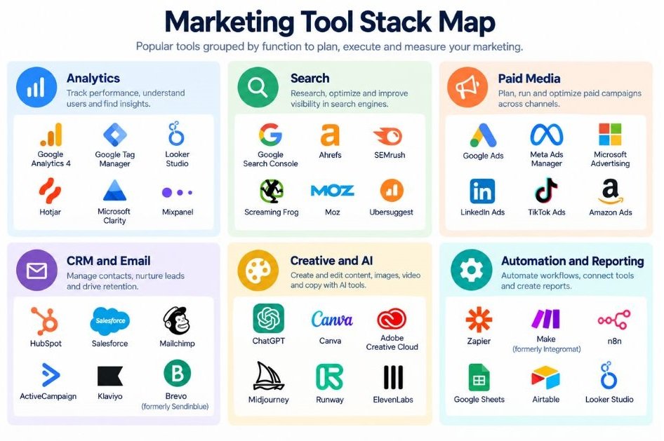 Tool stack map grouping tools by function: analytics, search, paid media, CRM and email, creative and AI, automation and reporting