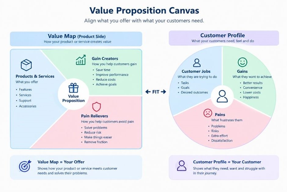 Value Proposition Canvas layout with customer profile on one side and value map on the other