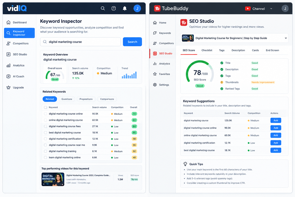 Side-by-side screenshots of vidIQ's keyword inspector and TubeBuddy's SEO Studio panel